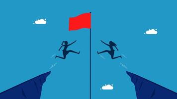 two people jumping over a cliff with a red flag vector