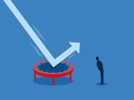 Bullish trader, businessman looking at the arrow bouncing on a high jump trampoline vector