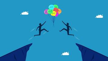 two people jumping over a cliff with colorful balloons vector