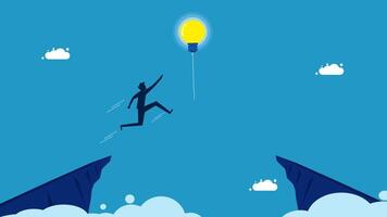 a man is jumping over a cliff to reach an idea light bulb vector