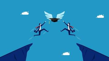 two men jumping over a cliff with a graduation cap on one person and a bird on the other vector