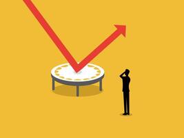 Protect the stock market, businessman looking at the arrow bouncing on a high jump trampoline vector