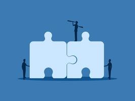 Businessman with vision searching for connections with two employees on a jigsaw puzzle vector