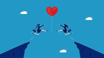 two business people are jumping off a cliff with a heart shaped balloon vector