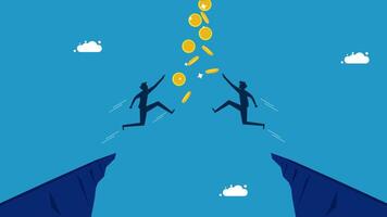 two people are jumping over a cliff to get money vector