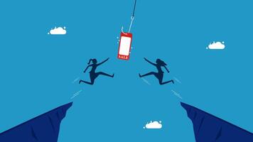 two people are hanging from a cliff and one is holding a phone vector