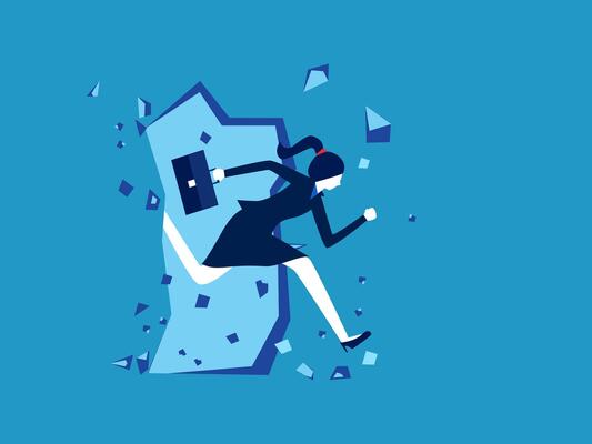 businesswoman is running through a broken wall