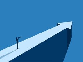 Businessman looking at a telescope on the tip of an arrow pointing in the direction of the future vector