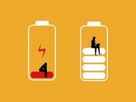 Businessman stressed on low battery and businessman working on laptop on full battery vector