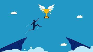 man jumping over a cliff to get a trophy vector