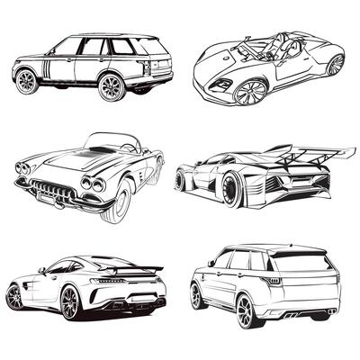 Black and White Car Sketch Set