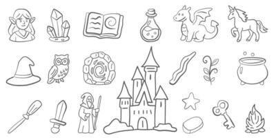 Hand drawn fantasy icons set with magical elements and mythical adventure symbols for creative design vector