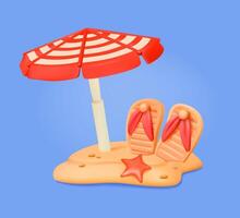 3D cartoon beach scene with umbrella and sandals vector