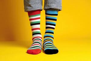 the person wearing colorful, striped different socks on a yellow background. photo