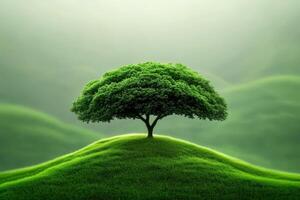 a solitary tree stands majestically atop a grassy hill, symbolizing resilience and solitude. Its vibrant green leaves contrast against a clear blue sky, evoking feelings of peace and tranquility. photo