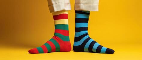 A person wearing colorful, striped different socks on a yellow background. photo