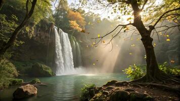wide view of Sunlit waterfall cascading into a tranquil pool surrounded by lush greenery and autumn foliage video