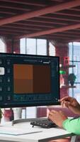 Vertical Videographer editor creates AI art materials using text to software, writing a text prompt on chatbot interface to generate a with artificial intelligence. Visual design. Camera B. video