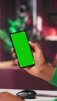 Vertical Black freelancer using AI assistant for auto generated solutions and mockup, solves tasks via chatbot web interface. Advanced machine learning and smart algorithms help with efficiency. Camera A. video