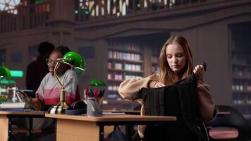 Focused girl arriving at university library and opening textbook to write notes, doing research with the help of massive books database at campus designated space for self learning. Camera A. video