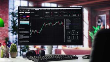 Empty workspace desktop running day trading stock market trends in stylish apartment. PC used for monitoring investment numbers and candle stick charts, a comfortable environment. video