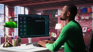 Remote worker uses conversational AI bot to help solve daily tasks, chatting with machine learning powered chatbot to generate data responses. Efficiency with AI assistant tool. Camera A. video
