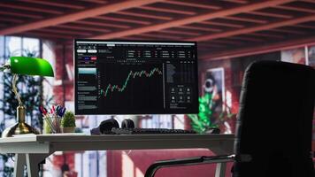 Modern trading setup with monitor running forex trends going up, high end classy apartment workstation. Clean desk provide a professional space for stock exchange analysis. Camera A. video