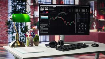Spacious elegant home office with PC showcasing online finance activities. Ideal environment for visualizing trends, liquidity data, profit tracking and stock trading performance. Camera A. video
