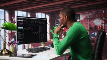 African american man using PC to purchase and sell stocks, monitoring forex graphs and diagrams. Male broker looking at stock exchange candle stick charts on computer. Camera B. video