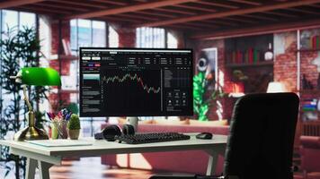 Modern home with PC monitor ready for online stock trading and forex analysis. Luxurious loft interior blending high end furniture and a computer with financial chart visualization. video