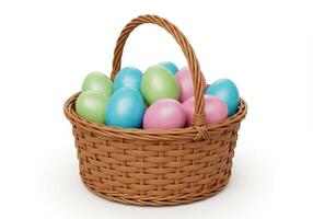 Pastel Easter eggs in green blue and pink in a woven basket isolated on white background in bright minimal studio style with festive holiday and spring theme photo