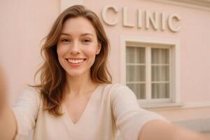 Smiling woman takes a selfie in front of a light pink building, likely a medical or dental office, showcasing her bright, healthy teeth. photo