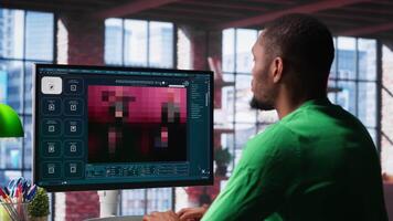 African American IT expert using AI technology to generate realistic images from text prompts. Young adult engaging with artificial intelligence tools online, text to image. Camera A. video