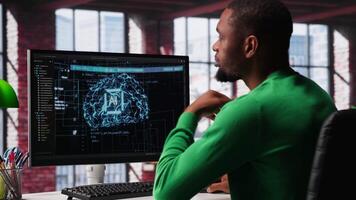 System engineer coding AI brain model of neural network for machine learning, solving tasks on computer. Debugging software algorithm and checking for errors, innovation. Camera A. video