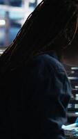 Vertical Irritated data center engineer punching desk, irked by glitches while using algorithms to analyze datasets. Mad server hub developer raging, annoyed by malfunctioning AI neural networks, camera B video