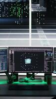 Vertical Monitors in data center displaying node tree interfaces monitoring infrastructure health. Visual programming systems on workstations helping identify malfunctions in server room equipment, jib down video