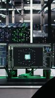 Vertical Computer systems in data center managing network resources using node tree software visualizing connections. Visual programming tools enabling efficient data processing and storage video