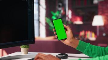 Black freelancer using AI assistant for auto generated solutions and mockup, solves tasks via chatbot web interface. Advanced machine learning and smart algorithms help with efficiency. Camera A. video