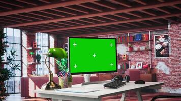Empty apartment loft with computer running isolated mockup screen, modern workstation at home with bright natural light. Desktop pc showcasing technology and tranquility, cozy vibe. video