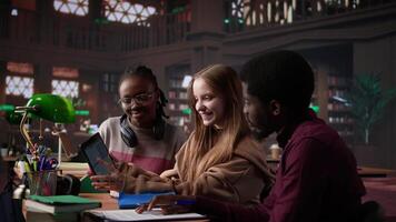 multicultural estudiantes grupo que se discute un financiero proyecto para un Universidad curso, utilizando ordenador portátil y libros de texto con clase notas en el biblioteca. emprendimiento y administración habilidades. cámara b. video