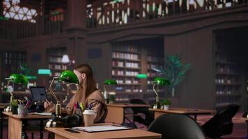 Confident student gathers information and citations from reliable sources via massive database at university library, working on bachelor degree paper. Intelligent girl studies. Camera B. video