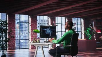 African american technician writes code on AI brain neural network for machine learning, doing maintenance and debugging the software systems. IT expert uses programming language. Camera B. video