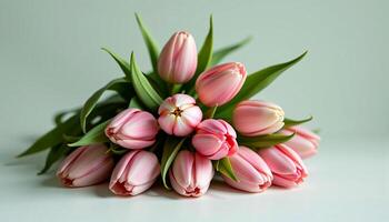 Elegant cluster of tulips in a minimalist style, with muted pink and sage green tones photo