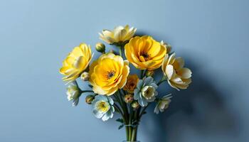 Elegant cluster of ranunculus in a minimalist style, with buttery yellow and misty blue tones photo