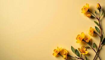 bold flat lay of primrose on a paper texture, with buttery yellow tones, gentle lighting intensity photo
