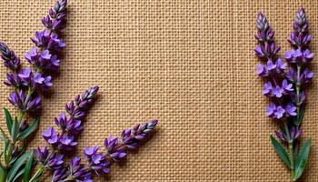 creative flat lay of calluna vulgaris on a woven jute background, with muted amethyst hues photo