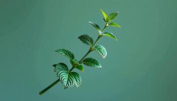 Graceful stem of mint in a minimalist style, with mint green and soft aqua palette, flowing lines photo