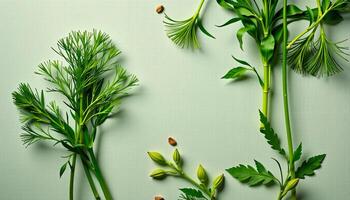 Creative flat lay of dill on a canvas background, with lime green hues, pale morning glow photo