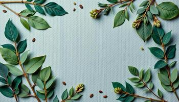 Creative flat lay of sage on a wool background, with muted teal hues, gentle lighting glow photo