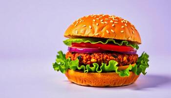 Vibrant veggie burger set in the cheerful corner on a soft lavender background photo